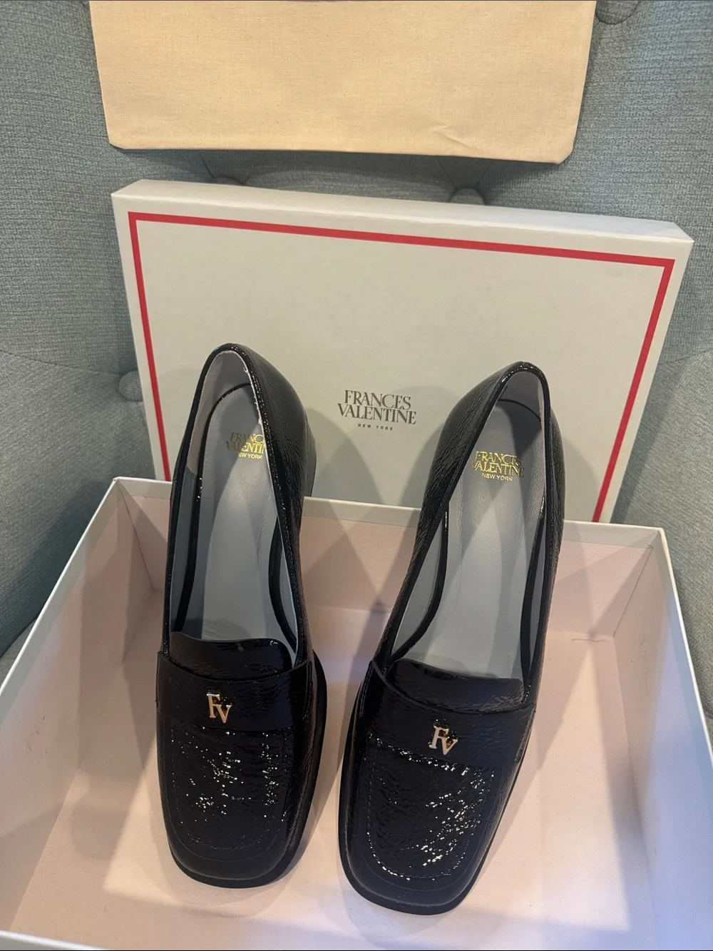 Frances Valentine Black crinkle soft Patent Loafers Gold FV Logo-Twiggy Loafer - Picture 2 of 11
